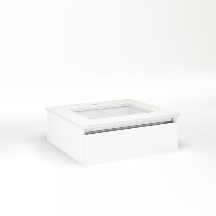 Cartesian 24-1/8" x 7-1/2" x 21-3/4" slim drawer vanity in matte white with slow-close full drawer and selectable night light in 2700K/4000K temperature (warm/cool light)