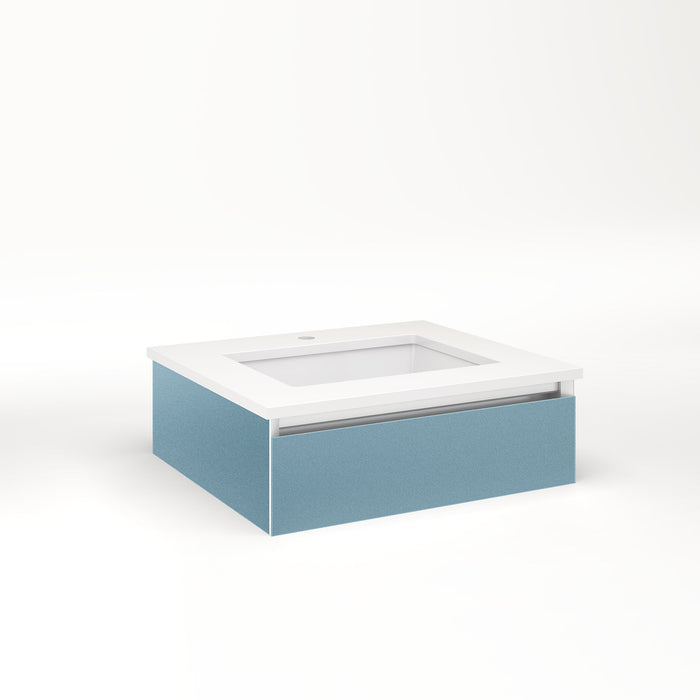 Cartesian 24-1/8" x 7-1/2" x 21-3/4" slim drawer vanity in ocean with slow-close plumbing drawer and selectable night light in 2700K/4000K temperature (warm/cool light)