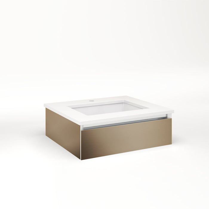 Cartesian 24-1/8" x 7-1/2" x 21-3/4" slim drawer vanity in satin bronze with slow-close tip out drawer and night light in 5000K temperature (cool light)