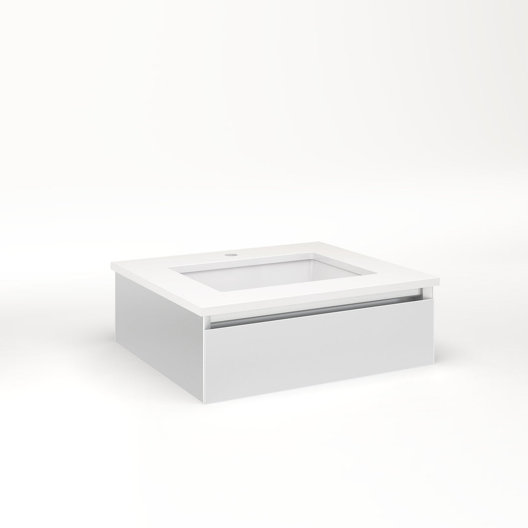 Cartesian 24-1/8" x 7-1/2" x 21-3/4" slim drawer vanity in satin white with slow-close tip out drawer and night light in 5000K temperature (cool light)