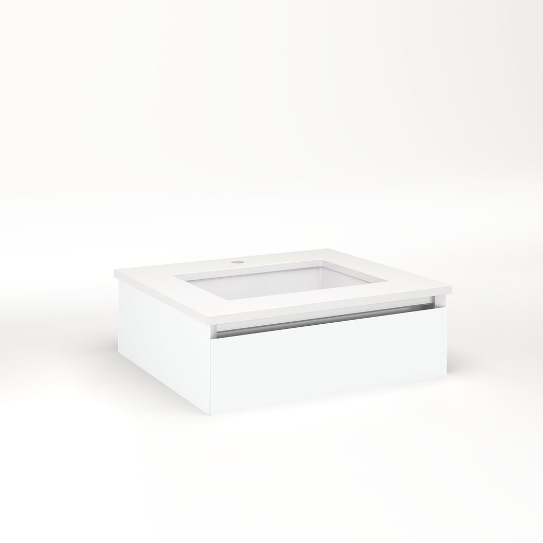 Cartesian 24-1/8" x 7-1/2" x 21-3/4" slim drawer vanity in matte white with slow-close tip out drawer and no night light