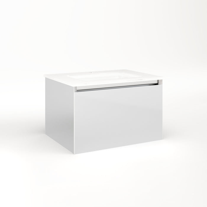 Cartesian 24-1/8" x 15" x 18-3/4" slim drawer vanity in satin white with slow-close full drawer and selectable night light in 2700K/4000K temperature (warm/cool light)