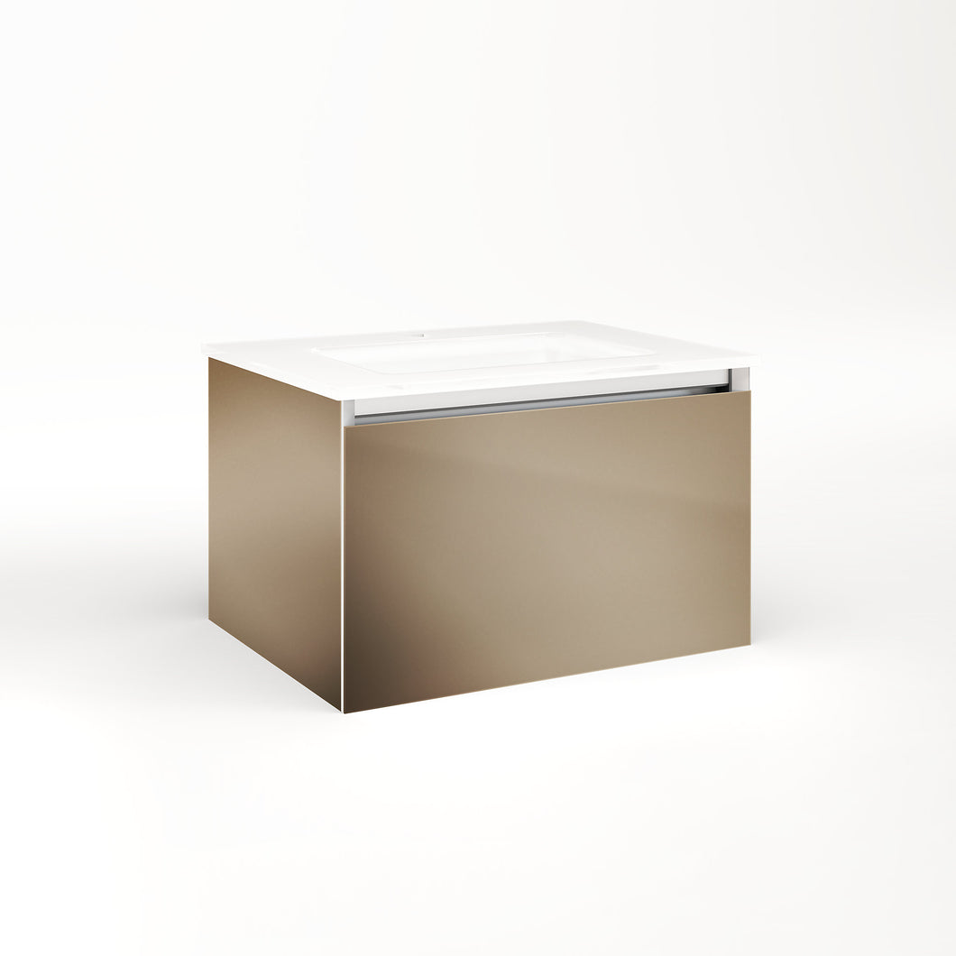 Cartesian 24-1/8" x 15" x 18-3/4" single drawer vanity in satin bronze with slow-close plumbing drawer and no night light