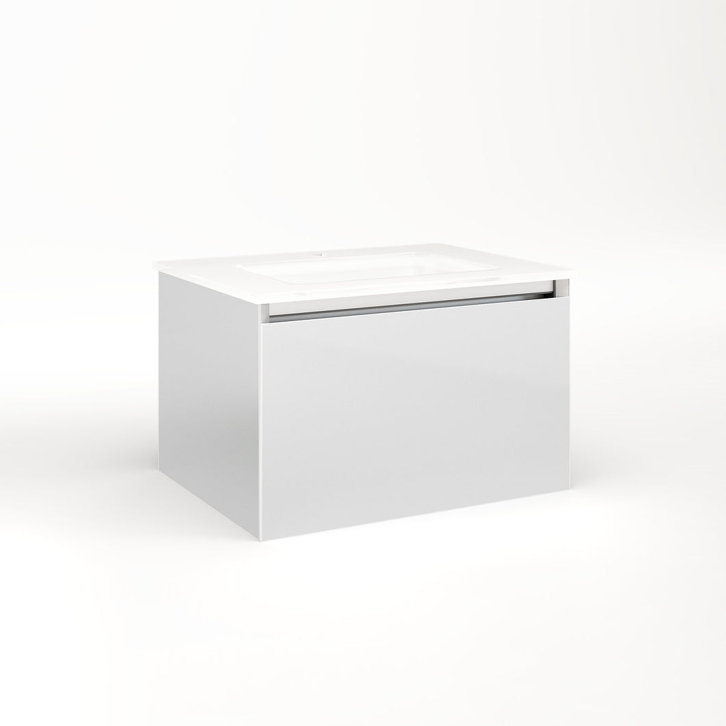 Cartesian 24-1/8" x 15" x 18-3/4" single drawer vanity in satin white with slow-close plumbing drawer and night light in 5000K temperature (cool light)