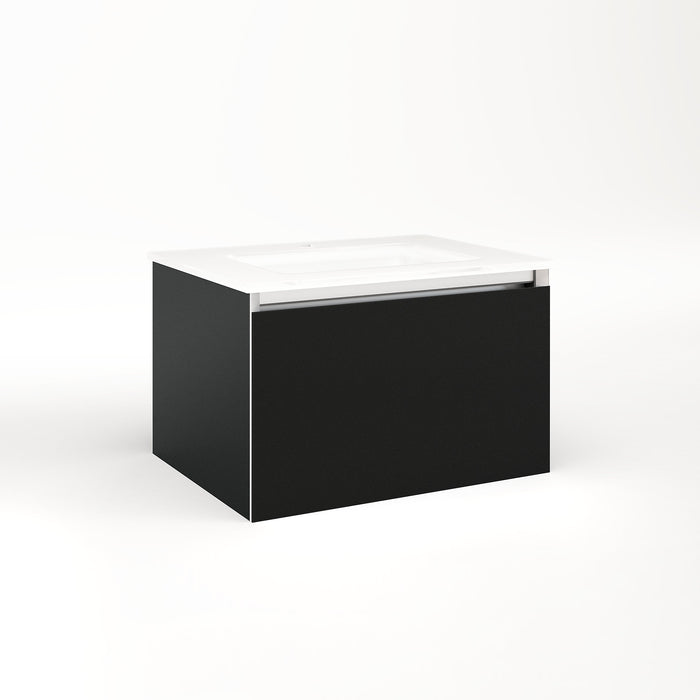 Cartesian 24-1/8" x 15" x 18-3/4" slim drawer vanity in matte black with slow-close plumbing drawer and selectable night light in 2700K/4000K temperature (warm/cool light)