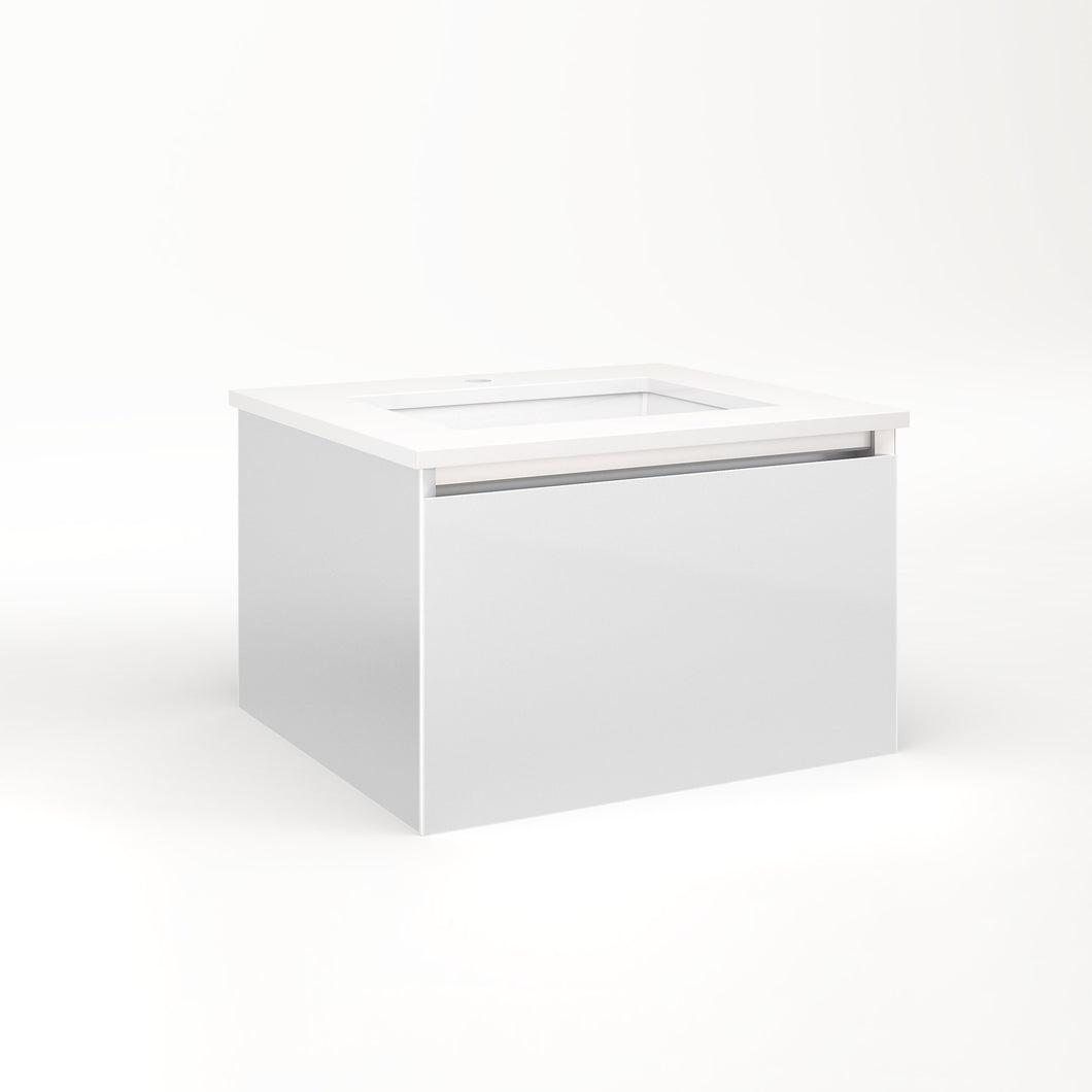 Cartesian 24-1/8" x 15" x 21-3/4" single drawer vanity in satin white with slow-close plumbing drawer and night light in 5000K temperature (cool light)