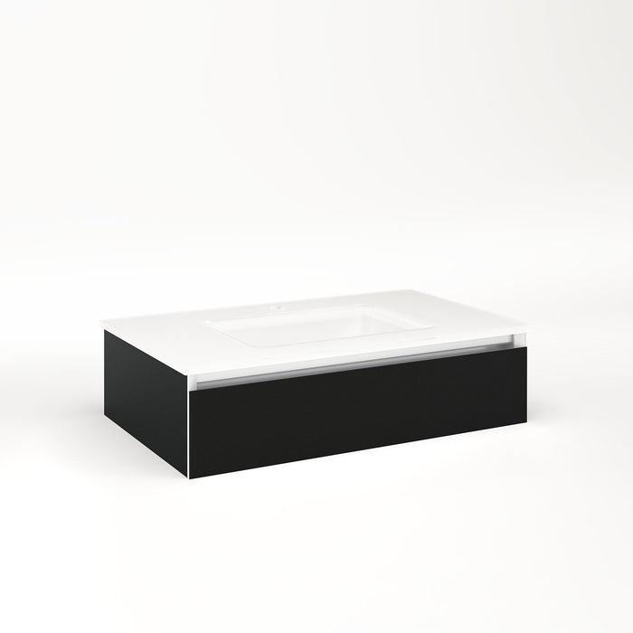 Cartesian 30-1/8" x 7-1/2" x 18-3/4" slim drawer vanity in black with slow-close full drawer and selectable night light in 2700K/4000K temperature (warm/cool light)
