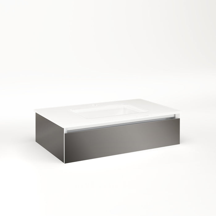 Cartesian 30-1/8" x 7-1/2" x 18-3/4" slim drawer vanity in tinted gray mirror with slow-close plumbing drawer and selectable night light in 2700K/4000K temperature (warm/cool light)