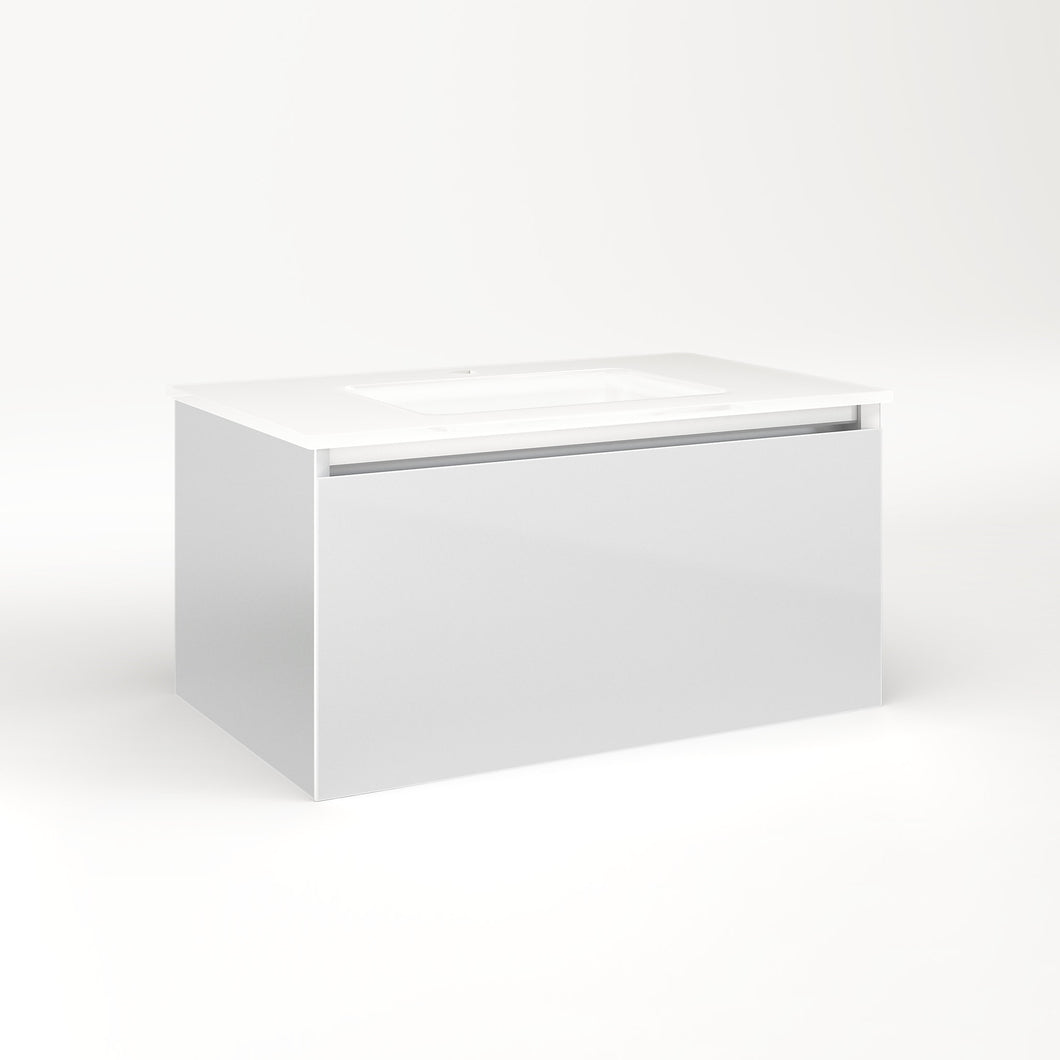 Cartesian 30-1/8" x 15" x 18-3/4" single drawer vanity in satin white with slow-close plumbing drawer and night light in 5000K temperature (cool light)