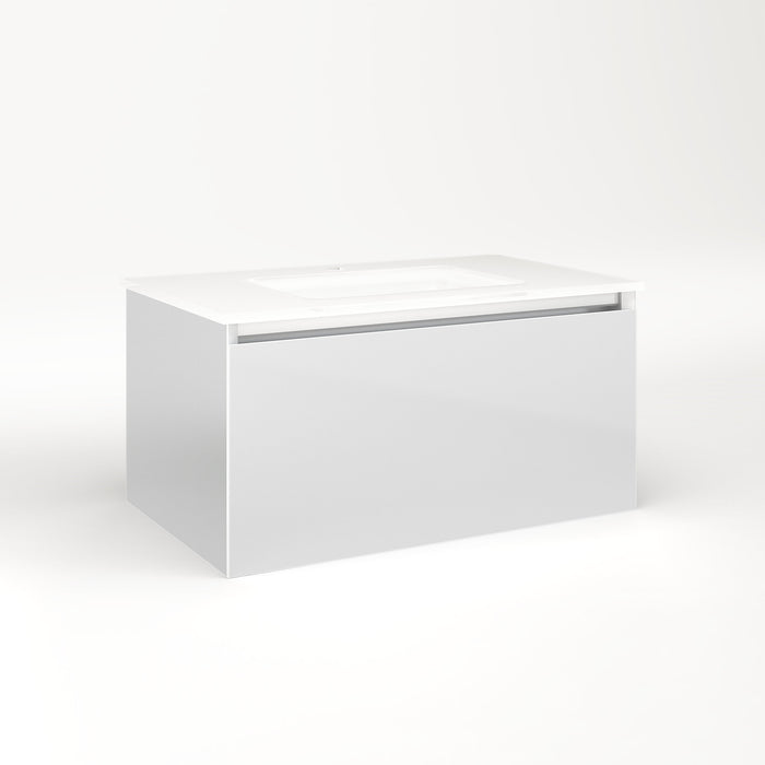 Cartesian 30-1/8" x 15" x 18-3/4" slim drawer vanity in satin white with slow-close plumbing drawer and selectable night light in 2700K/4000K temperature (warm/cool light)