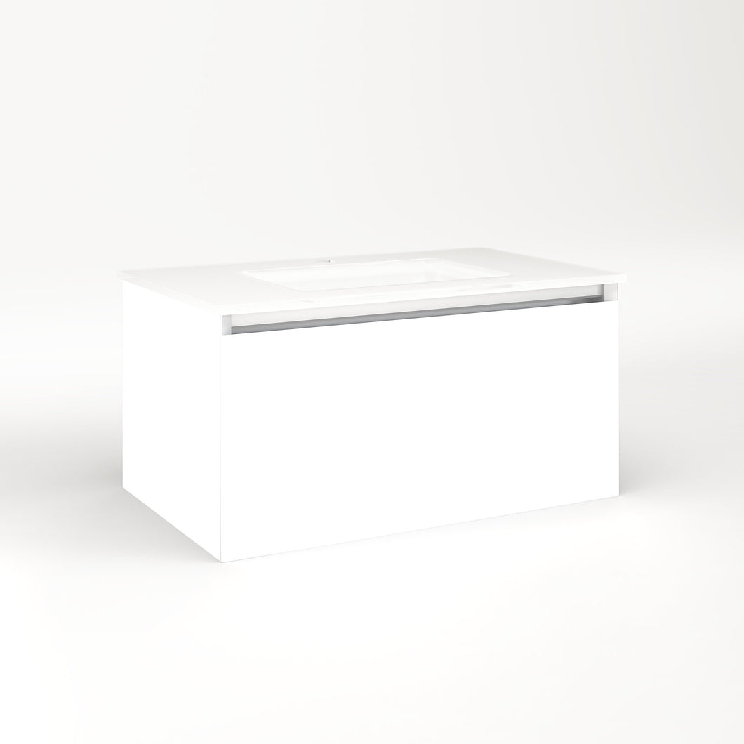 Cartesian 30-1/8" x 15" x 18-3/4" slim drawer vanity in white with slow-close plumbing drawer and selectable night light in 2700K/4000K temperature (warm/cool light)