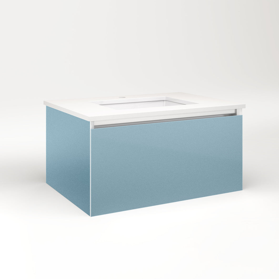 Cartesian 30-1/8" x 15" x 21-3/4" slim drawer vanity in ocean with slow-close full drawer and selectable night light in 2700K/4000K temperature (warm/cool light)