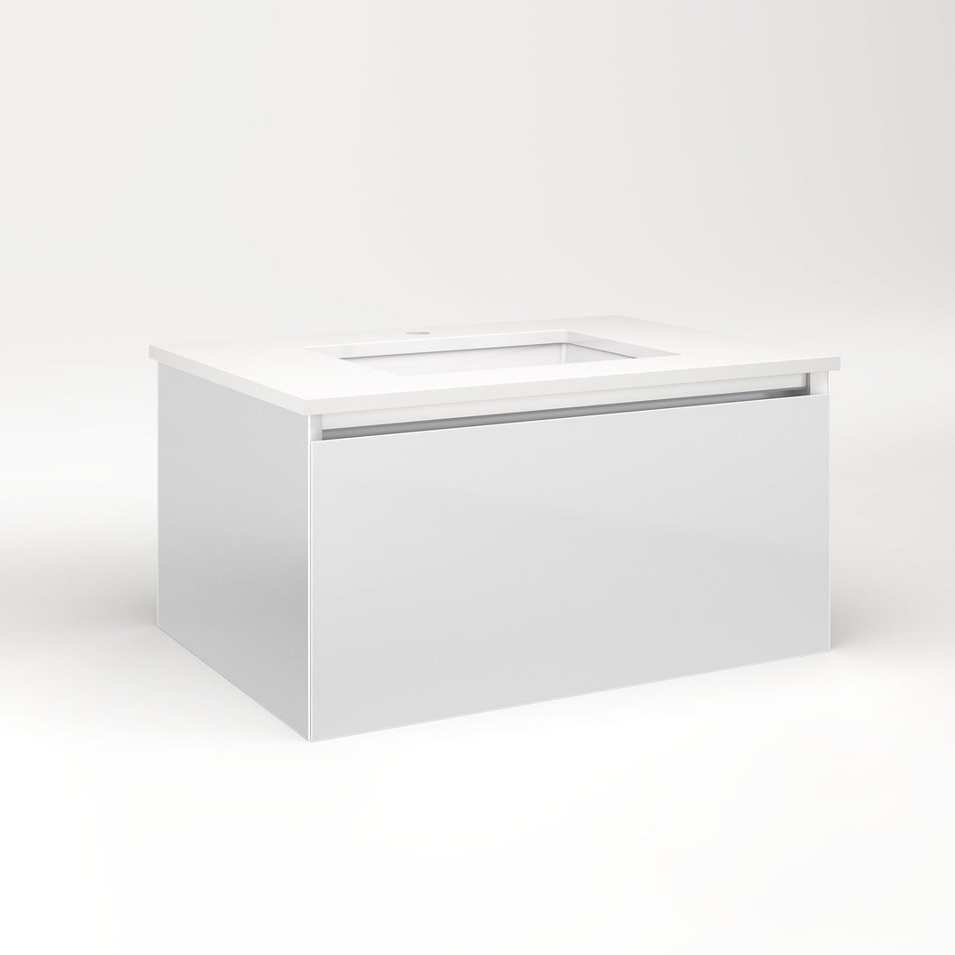 Cartesian 30-1/8" x 15" x 21-3/4" slim drawer vanity in satin white with slow-close plumbing drawer and selectable night light in 2700K/4000K temperature (warm/cool light)