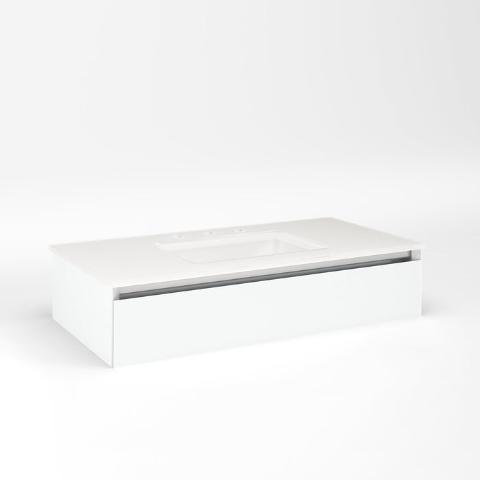 Cartesian 36-1/8" x 7-1/2" x 18-3/4" slim drawer vanity in white with slow-close plumbing drawer and selectable night light in 2700K/4000K temperature (warm/cool light)