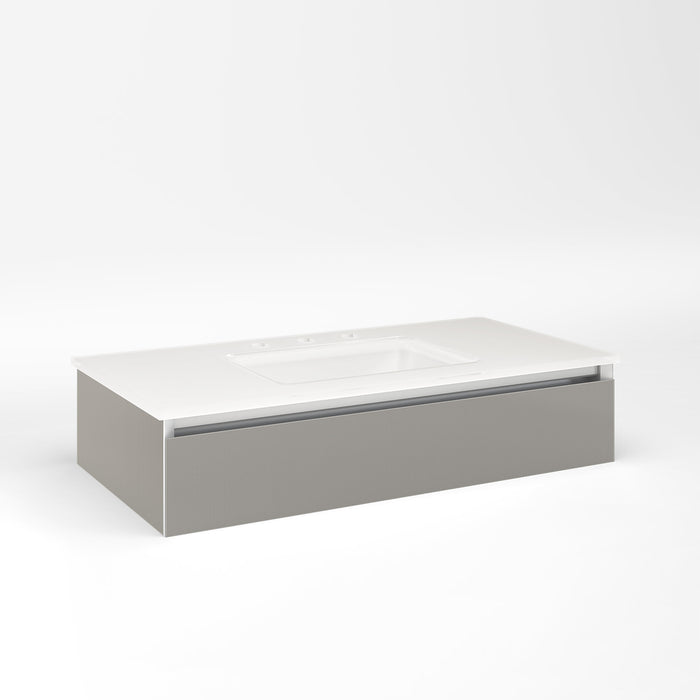 Cartesian 36-1/8" x 7-1/2" x 18-3/4" slim drawer vanity in silver screen with slow-close plumbing drawer and selectable night light in 2700K/4000K temperature (warm/cool light)