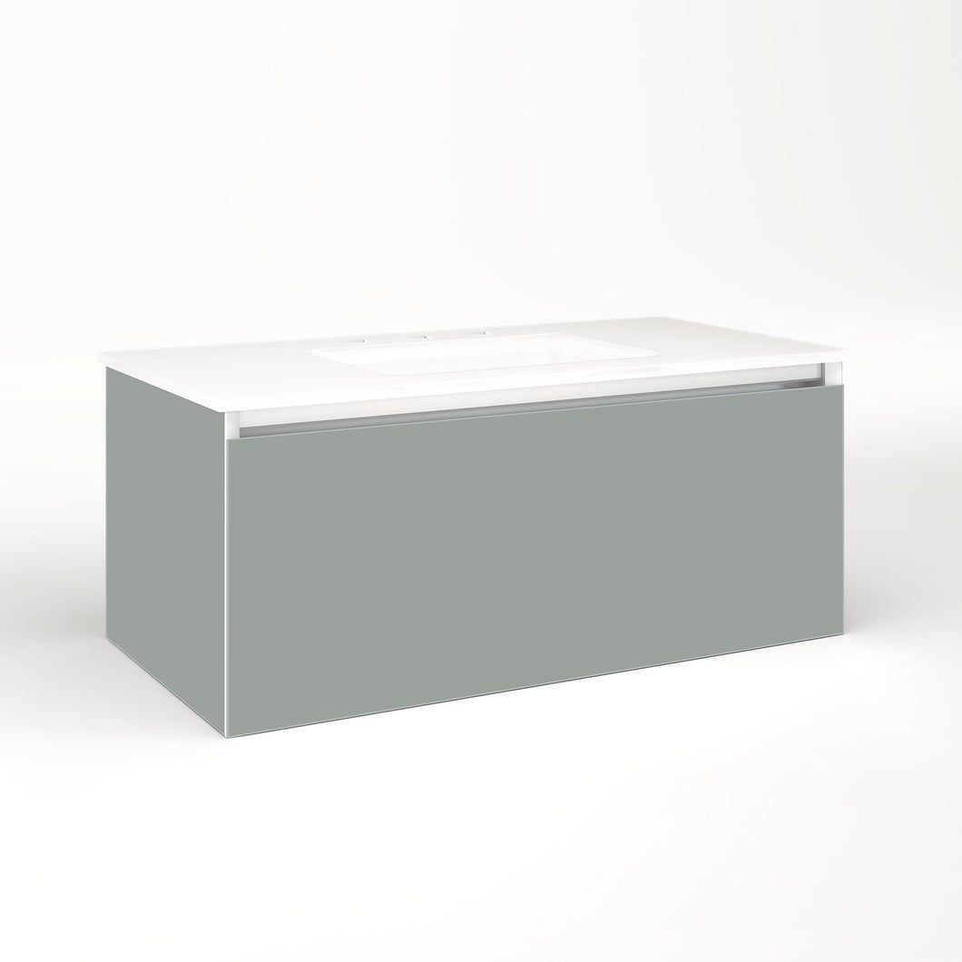 Cartesian 36-1/8" x 15" x 18-3/4" slim drawer vanity in matte gray with slow-close full drawer and selectable night light in 2700K/4000K temperature (warm/cool light)