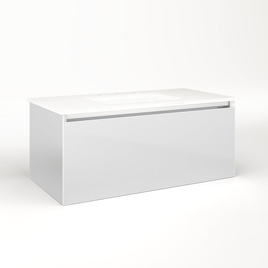 Cartesian 36-1/8" x 15" x 18-3/4" slim drawer vanity in satin white with slow-close plumbing drawer and selectable night light in 2700K/4000K temperature (warm/cool light)