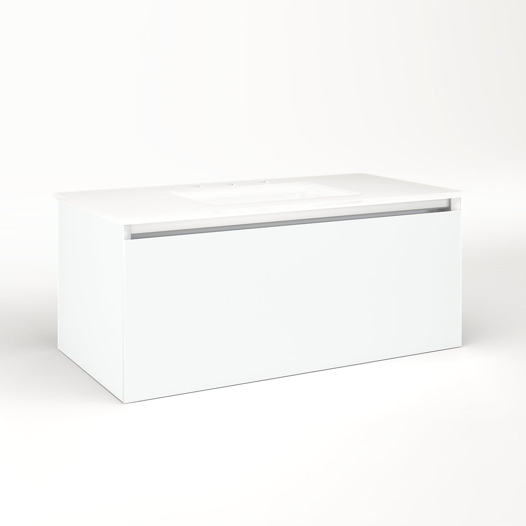 Cartesian 36-1/8" x 15" x 18-3/4" single drawer vanity in matte white with slow-close plumbing drawer and no night light