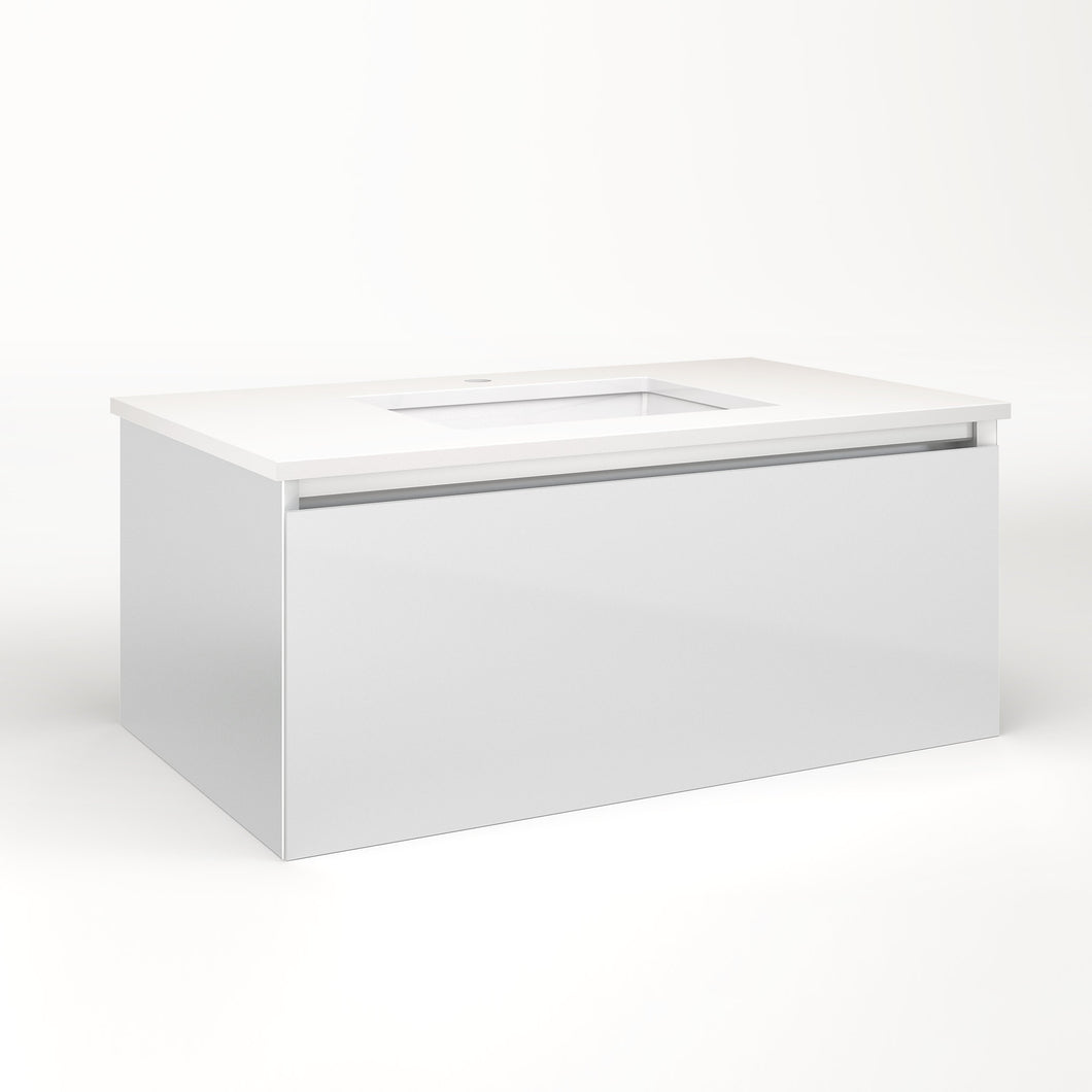 Cartesian 36-1/8" x 15" x 21-3/4" single drawer vanity in satin white with slow-close full drawer and no night light