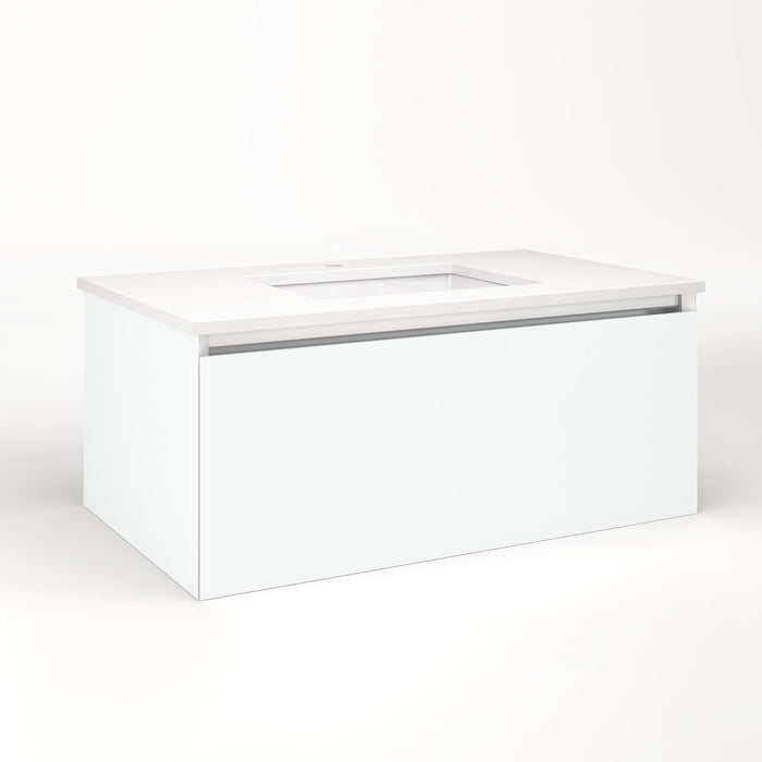 Cartesian 36-1/8" x 15" x 21-3/4" slim drawer vanity in matte white with slow-close full drawer and selectable night light in 2700K/4000K temperature (warm/cool light)