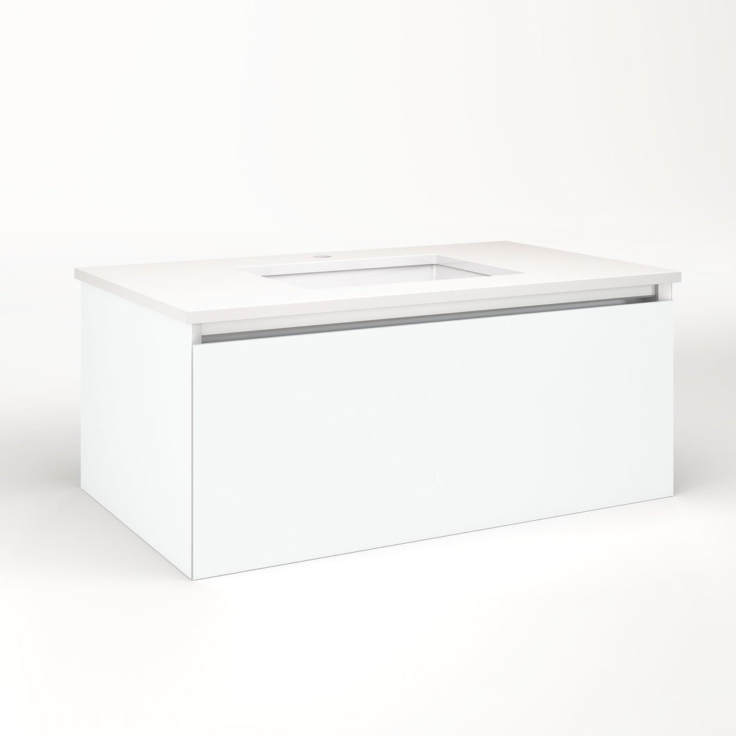 Cartesian 36-1/8" x 15" x 21-3/4" single drawer vanity in matte white with slow-close plumbing drawer and night light in 5000K temperature (cool light)
