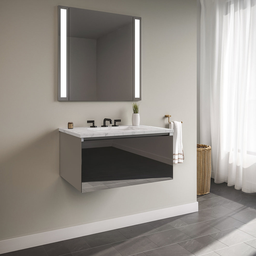Curated Cartesian 24" x 15" x 21" single drawer vanity in tinted gray mirror glass with slow-close plumbing drawer and Engineered Stone 25" vanity top in Silestone lyra