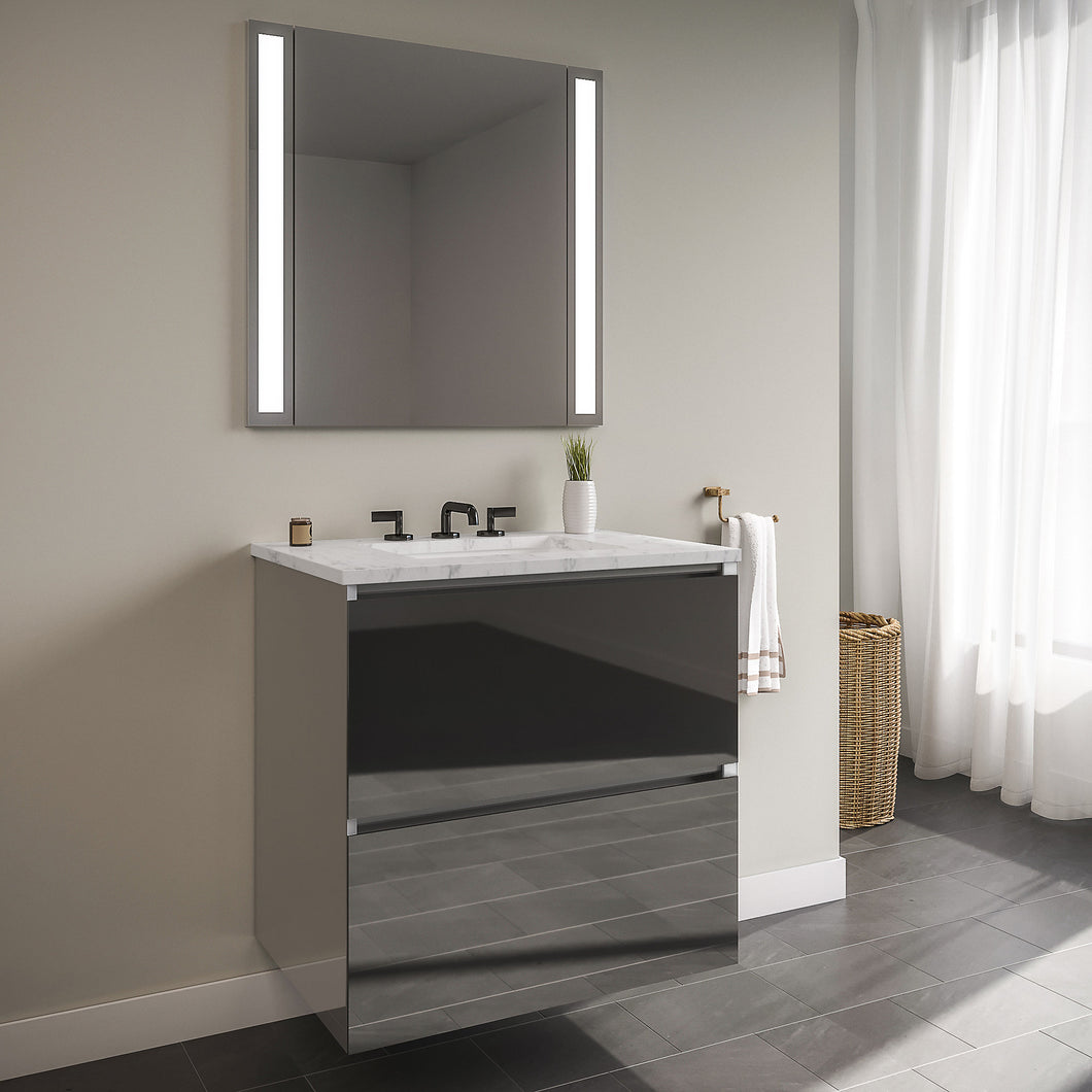 Curated Cartesian 24" x 15" x 21" two drawer vanity in tinted gray mirror glass with slow-close plumbing drawer, full drawer and Engineered Stone 25" vanity top in Silestone lyra