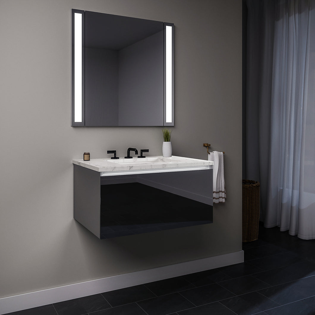 Curated Cartesian 24" x 15" x 21" single drawer vanity in tinted gray mirror glass with slow-close plumbing drawer, night light and Engineered Stone 25" vanity top in Silestone lyra