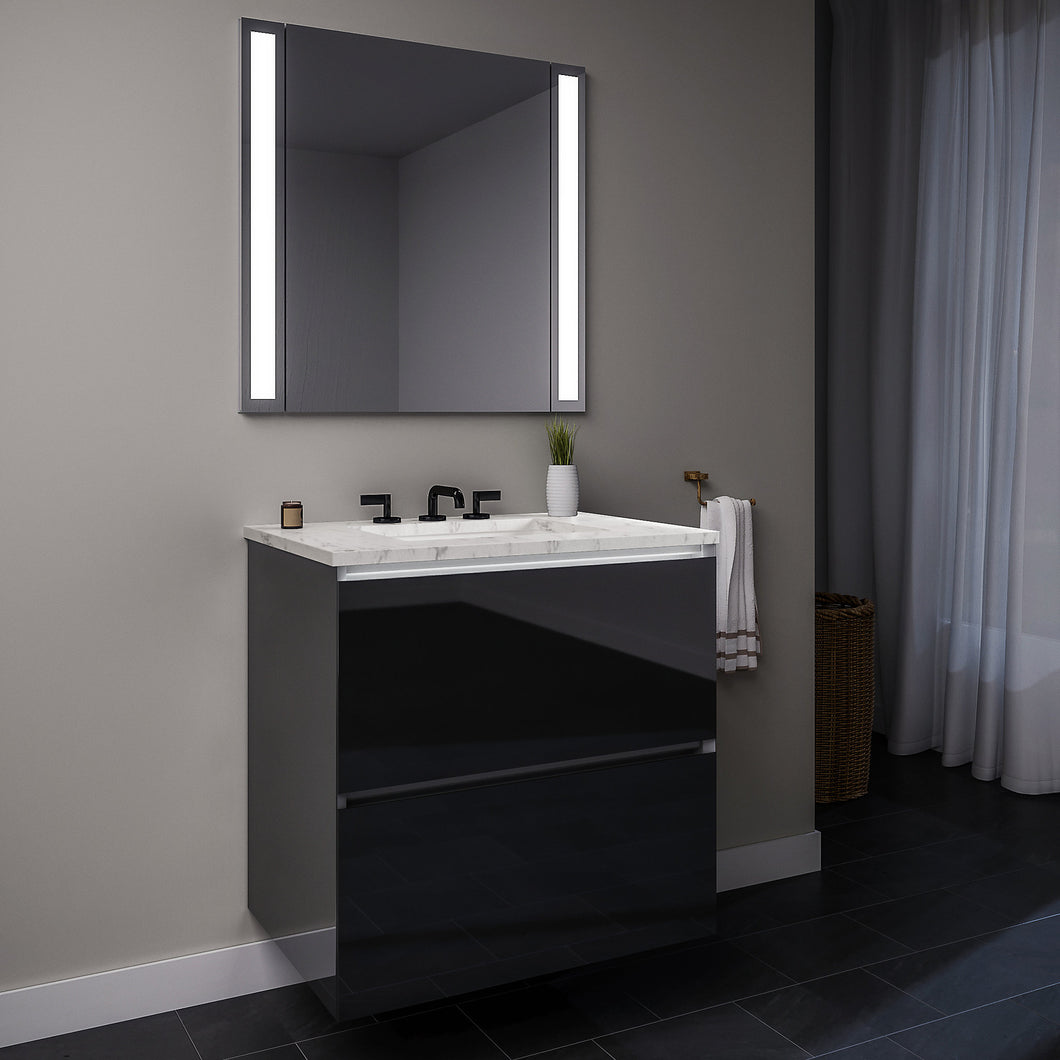 Curated Cartesian 24" x 15" x 21" two drawer vanity in tinted gray mirror glass with slow-close plumbing drawer, full drawer, night light and Engineered Stone 25" vanity top in Silestone lyra
