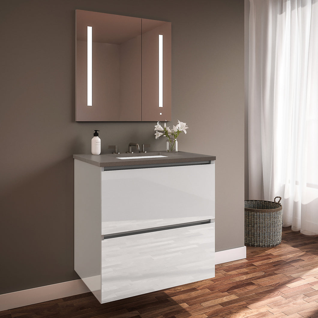 Curated Cartesian 24" x 15" x 21" two drawer vanity in white glass with slow-close plumbing drawer, full drawer and Engineered Stone 25" vanity top in stone gray (Silestone expo grey)