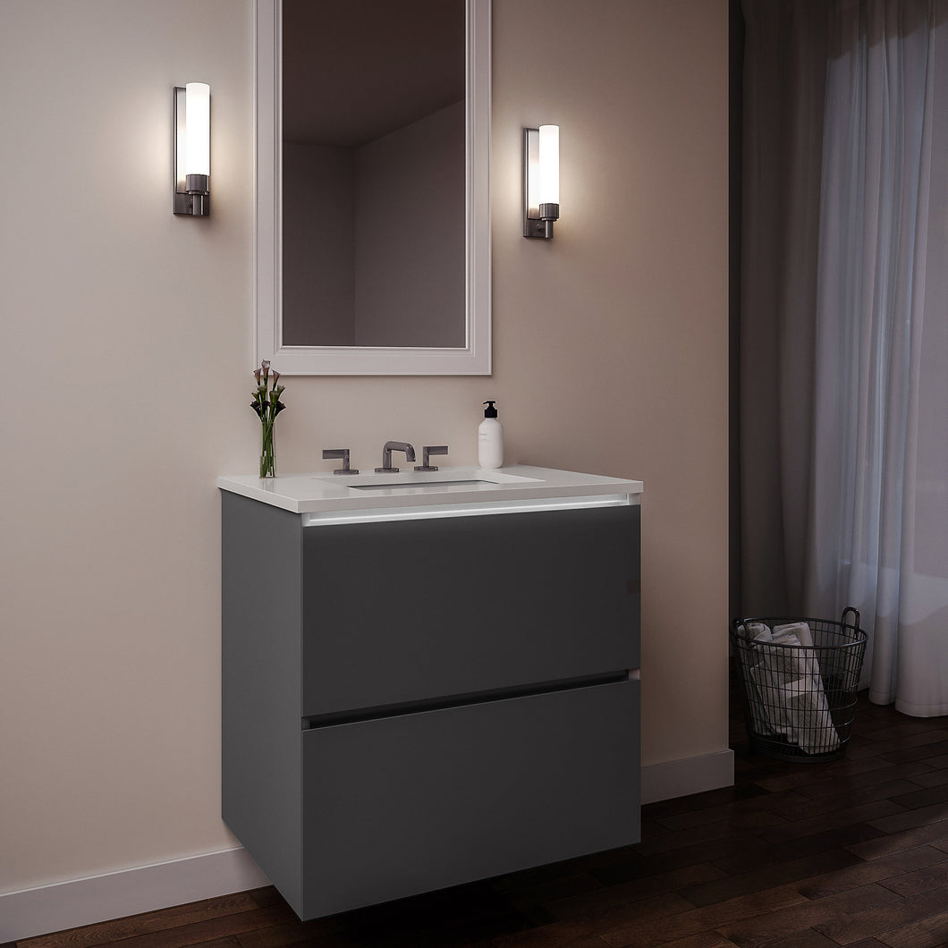 Curated Cartesian 24" x 15" x 21" two drawer vanity in matte gray glass with slow-close plumbing drawer, full drawer, night light and Engineered Stone 25" vanity top in quartz white (Silestone white storm)