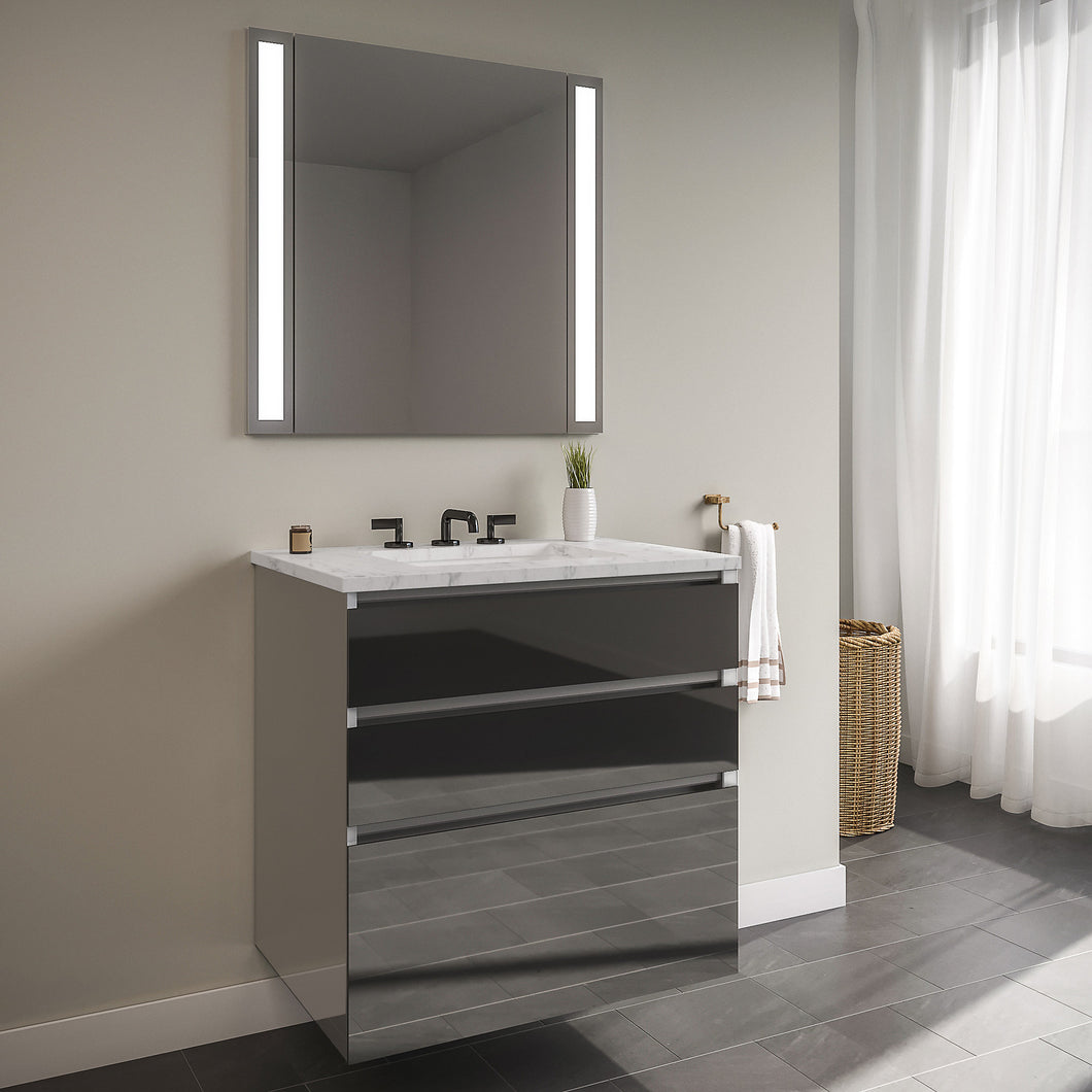 Curated Cartesian 30" x 7-1/2" x 21" and 30" x 15" x 21" three drawer vanity in tinted gray mirror glass with tip out drawer, slow-close plumbing drawer, full drawer and Engineered Stone 31" vanity top in Silestone lyra
