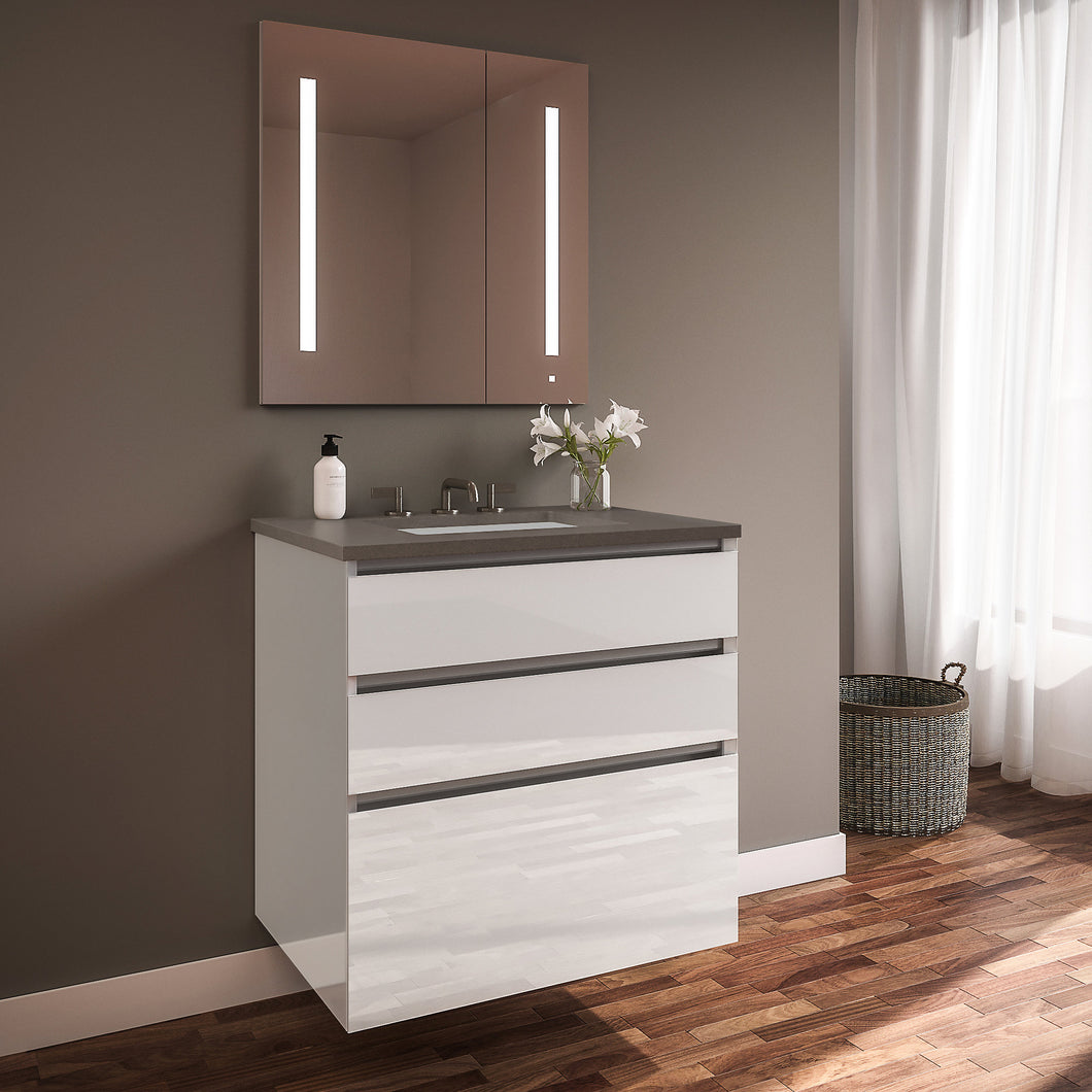 Curated Cartesian 30" x 7-1/2" x 21" and 30" x 15" x 21" three drawer vanity in white glass with tip out drawer, slow-close plumbing drawer, full drawer and Engineered Stone 31" vanity top in stone gray (Silestone expo grey)