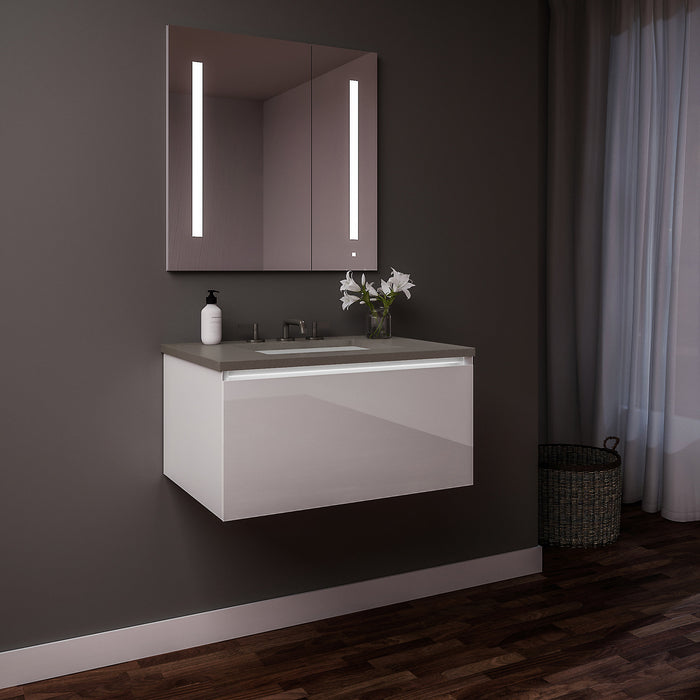 Curated Cartesian 30" x 15" x 21" single drawer vanity in white glass with slow-close plumbing drawer, night light and Engineered Stone 31" vanity top in stone gray (Silestone expo grey)