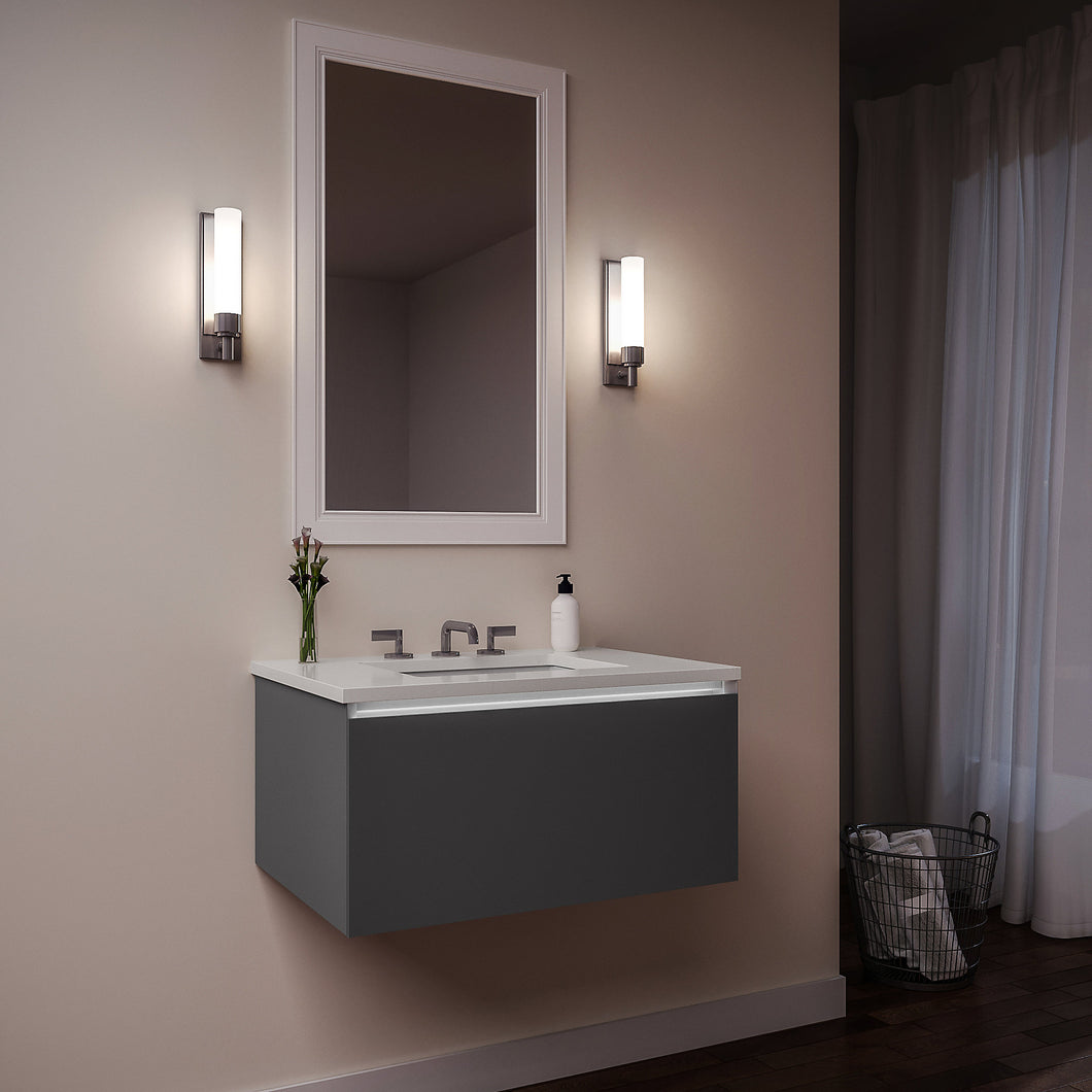 Curated Cartesian 30" x 15" x 21" single drawer vanity in matte gray glass with slow-close plumbing drawer, night light and Engineered Stone 31" vanity top in quartz white (Silestone white storm)