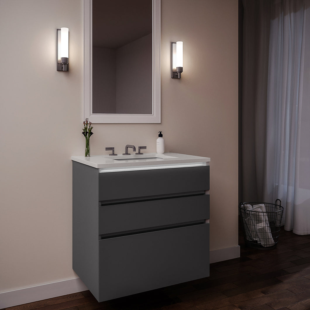 Curated Cartesian 36" x 7-1/2" x 21" and 36" x 15" x 21" three drawer vanity in matte gray glass with tip out drawer, slow-close plumbing drawer, night light and Engineered Stone 37" vanity top in quartz white (Silestone white storm)