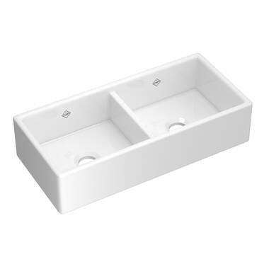 Shaws 33" Shaker Low Divide Double Bowl Apron Front Fireclay Kitchen Sink
