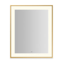 Load image into Gallery viewer, Sculpt 25-1/4” x 31-1/4” x 2-1/4&amp;quot; lighted mirror with slim museum frame in matte gold, perimeter light pattern in 2700K color temperature (warm white), dimmable and defogger, tested and certified to California Title 24 standards and meets JA8 2016 requirements
