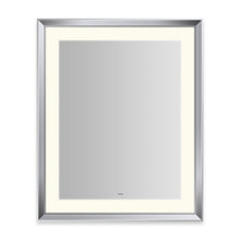 Load image into Gallery viewer, Sculpt 27” x 33” x 2-5/16” lighted mirror with chamfer museum frame in chrome, perimeter light pattern in 2700K color temperature (warm white), dimmable and defogger, tested and certified to California Title 24 standards and meets JA8 2016 requirements
