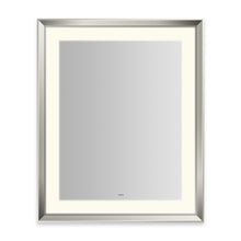 Load image into Gallery viewer, Sculpt 27” x 33” x 2-5/16” lighted mirror with chamfer museum frame in polished nickel, perimeter light pattern in 2700K color temperature (warm white), dimmable and defogger, tested and certified to California Title 24 standards and meets JA8 2016 requirements

