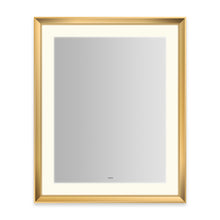 Load image into Gallery viewer, Sculpt 27” x 33” x 2-5/16” lighted mirror with chamfer museum frame in matte gold, perimeter light pattern in 2700K color temperature (warm white), dimmable and defogger, tested and certified to California Title 24 standards and meets JA8 2016 requirements
