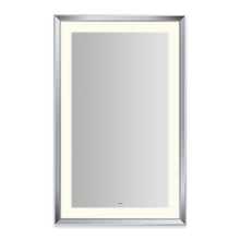 Load image into Gallery viewer, Sculpt 27” x 43” x 2-5/16” lighted mirror with chamfer museum frame in chrome, perimeter light pattern in 2700K color temperature (warm white), dimmable and defogger, tested and certified to California Title 24 standards and meets JA8 2016 requirements
