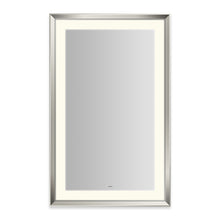 Load image into Gallery viewer, Sculpt 27” x 43” x 2-5/16” lighted mirror with chamfer museum frame in polished nickel, perimeter light pattern in 2700K color temperature (warm white), dimmable and defogger, tested and certified to California Title 24 standards and meets JA8 2016 requirements
