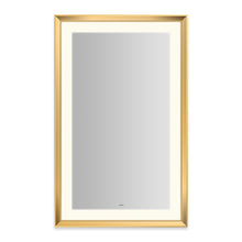 Load image into Gallery viewer, Sculpt 27” x 43” x 2-5/16” lighted mirror with chamfer museum frame in matte gold, perimeter light pattern in 2700K color temperature (warm white), dimmable and defogger, tested and certified to California Title 24 standards and meets JA8 2016 requirements
