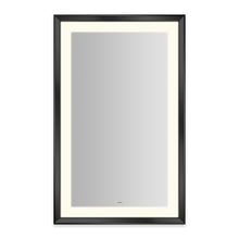 Load image into Gallery viewer, Sculpt 27” x 43” x 2-5/16” lighted mirror with chamfer museum frame in matte black, perimeter light pattern in 2700K color temperature (warm white), dimmable and defogger, tested and certified to California Title 24 standards and meets JA8 2016 requirements
