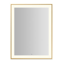 Load image into Gallery viewer, Sculpt 31-1/4” x 41-1/4” x 2-1/4&amp;quot; lighted mirror with slim museum frame in matte gold, perimeter light pattern in 2700K color temperature (warm white), dimmable and defogger, tested and certified to California Title 24 standards and meets JA8 2016 requirements
