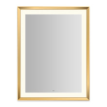 Load image into Gallery viewer, Sculpt 33” x 43” x 2-5/16” lighted mirror with chamfer museum frame in matte gold, perimeter light pattern in 2700K color temperature (warm white), dimmable and defogger, tested and certified to California Title 24 standards and meets JA8 2016 requirements

