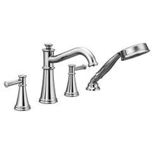Load image into Gallery viewer, Moen T9024 Belfield Two Handle Diverter Roman Tub Faucet Includes Hand Shower in Chrome
