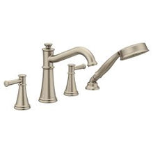 Load image into Gallery viewer, Moen T9024 Belfield Two Handle Diverter Roman Tub Faucet Includes Hand Shower in Brushed Nickel
