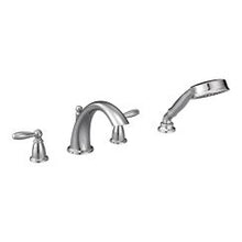 Load image into Gallery viewer, Moen T924 Brantford Two Handle Low Arc Roman Tub Faucet Includes Hand Shower in Chrome
